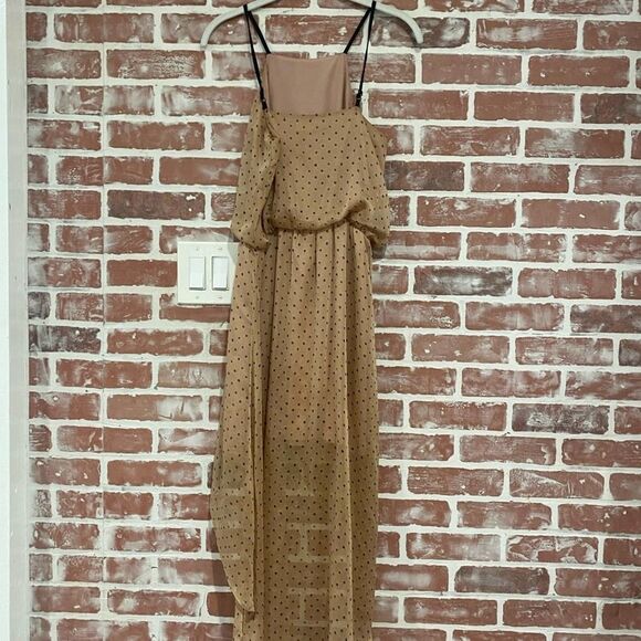 A9 Sugarlips Tan Brown Polka Dot High Neck Hi Low Maxi Dress Size XS EUC - Picture 2 of 9